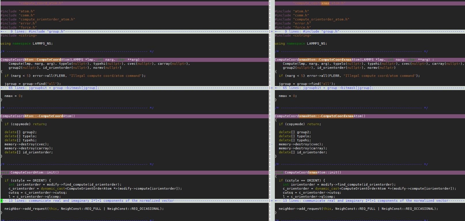 Modification of compute_coord_atom.cpp (left) to generate compute_coordxmax_atom.cpp (right)