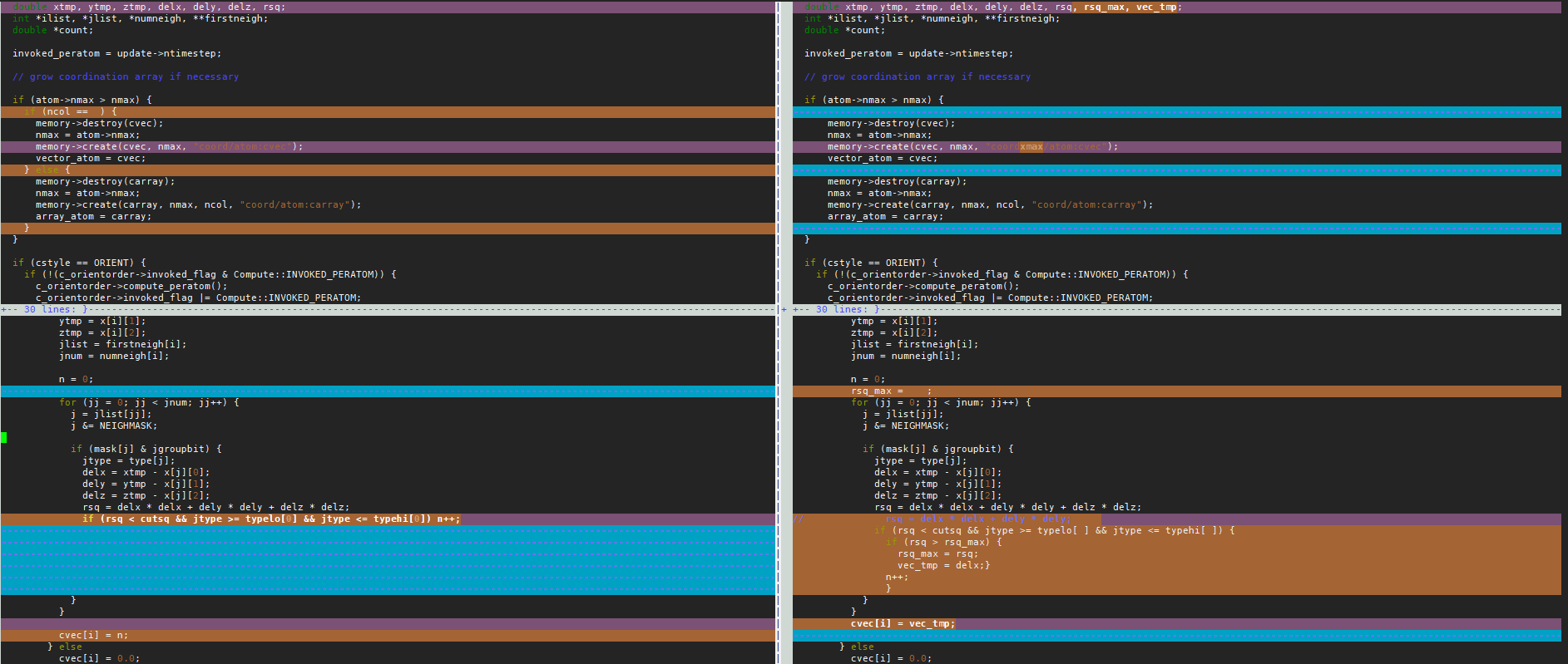 Modification of compute_coord_atom.cpp (left) to generate compute_coordxmax_atom.cpp (right)