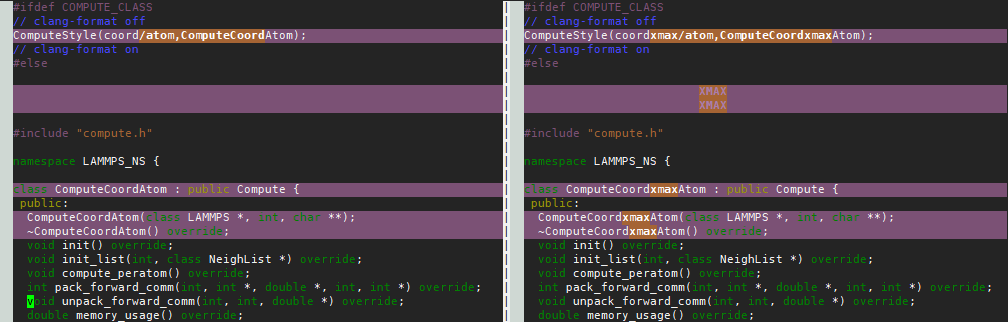 Modification of compute_coord_atom.h (left) to generate compute_coordxmax_atom.h (right)